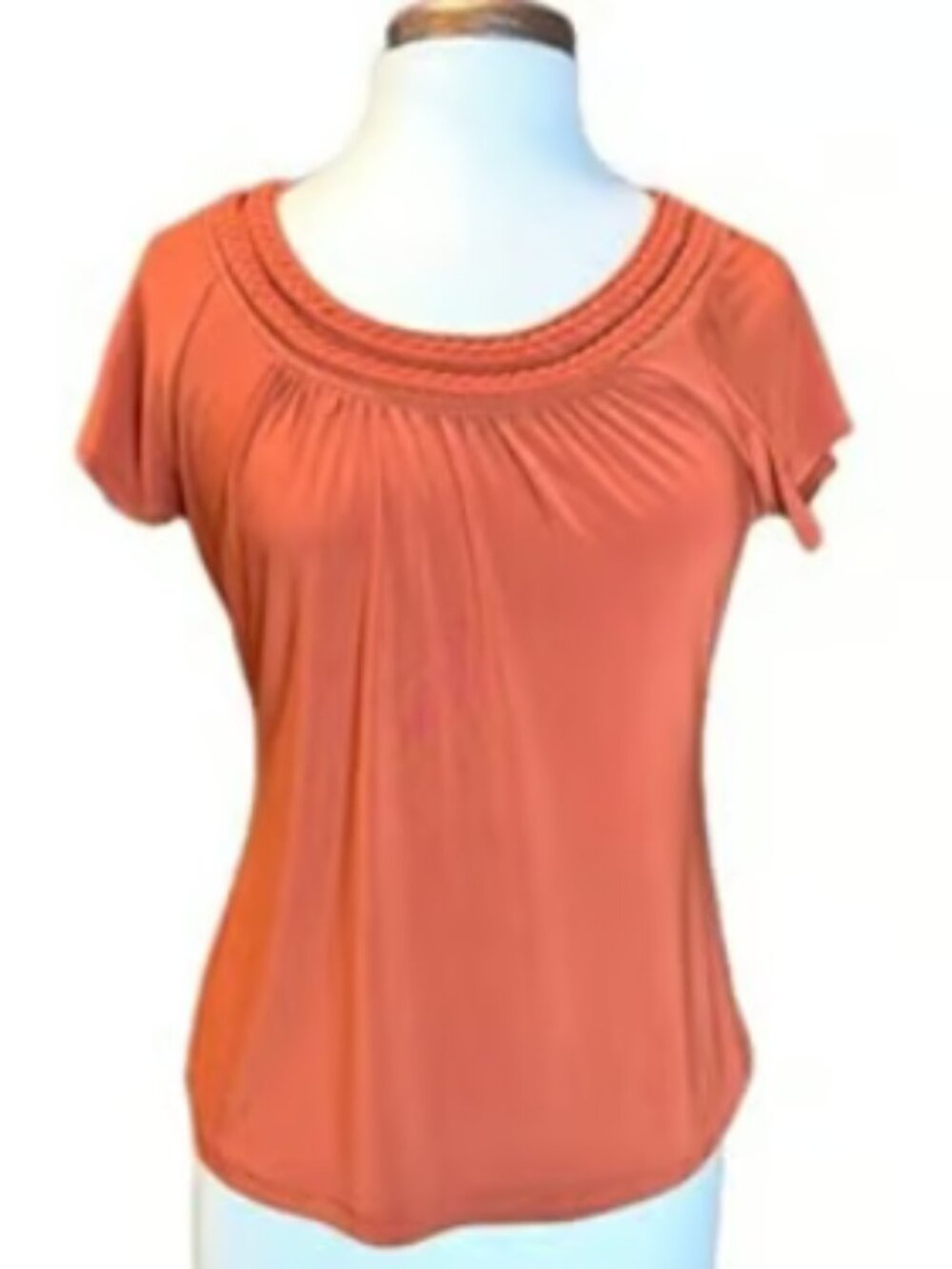 Suzi in the City Orange Short Sleeve Top Lightweight Summer Blouse Braid Detail